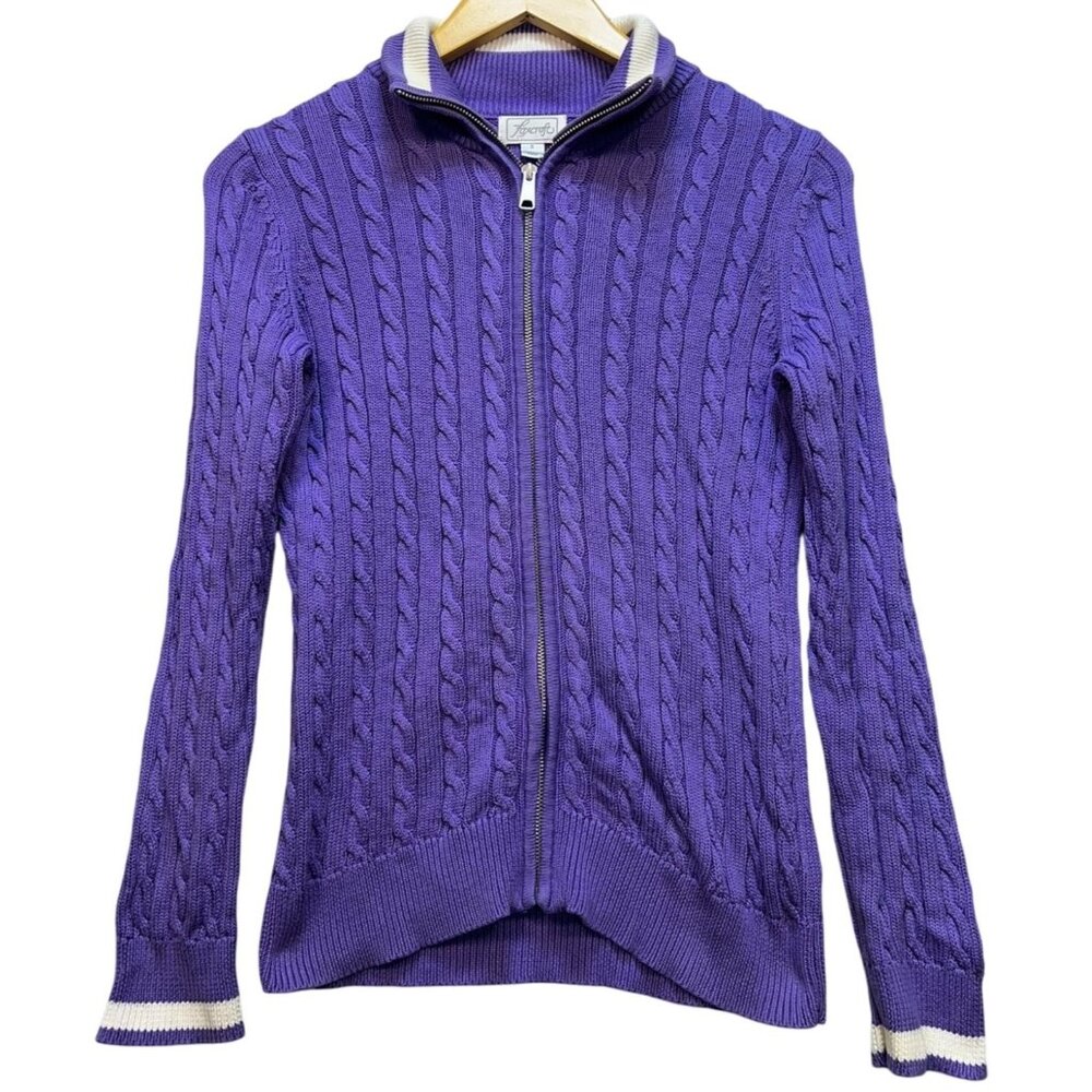 Foxcroft Women's Fisherman Cable Knit Zip Up Cardigan Sweater Size S Purple